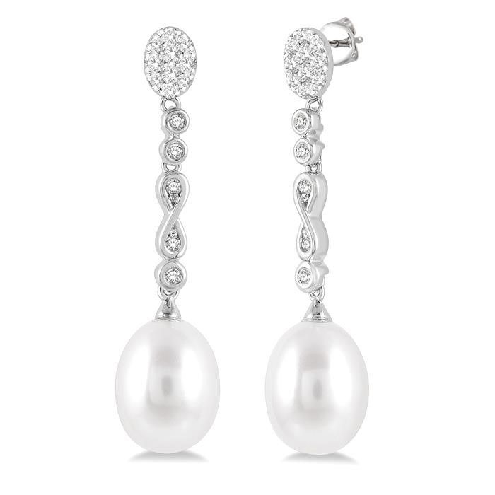 18K White Gold Teardrop Diamond Cluster and South Sea Cultured Pearl Drop  Earrings (12-13 mm)