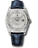*Pre-Owned* Rolex White Gold Day-Date 36 Watch - Fluted Bezel - Silver Index Dial - Blue Leather