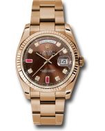 *Pre-Owned* Rolex Everose Gold Day-Date 36 Watch - Fluted Bezel - Chocolate Diamond And Ruby Dial - Oyster Bracelet