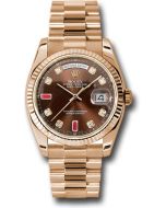  *Pre-Owned* Rolex Everose Gold Day-Date 36 Watch - Fluted Bezel - Chocolate Diamond And Ruby Dial - President Bracelet