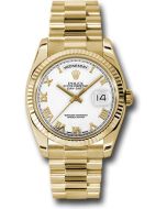 *Pre-Owned* Rolex 36mm 18K yellow gold case, fluted bezel, white dial, Roman numerals, and President bracelet.