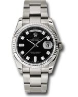 *Pre-Owned* Rolex White Gold Day-Date 36 Watch - Fluted Bezel - Black Diamond Dial - Oyster Bracelet