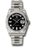 *Pre-Owned* Rolex White Gold Day-Date 36 Watch - Fluted Bezel - Black Diamond Dial - President Bracelet
