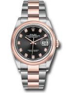 *Pre-Owned* Rolex Steel and Everose Rolesor Datejust 36 Watch - Domed Bezel - Black Diamond Dial - Oyster Bracelet