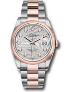  *Pre-Owned* Rolex Everose Rolesor Datejust 36 Watch - Domed Bezel - Silver Palm Motif Diamond Dial - Oyster Bracelet