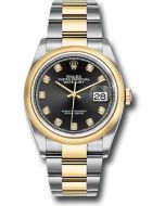  *Pre-Owned* Rolex Steel and Yellow Gold Rolesor Datejust 36 Watch - Domed Bezel - Black Diamond Dial - Oyster Bracelet