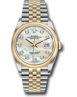  *Pre-Owned* Rolex Steel and Yellow Gold Rolesor Datejust 36 Watch - Domed Bezel - White Mother-Of-Pearl Diamond Dial - Jubilee Bracelet