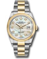  *Pre-Owned* Rolex Steel and Yellow Gold Rolesor Datejust 36 Watch - Domed Bezel - White Mother-Of-Pearl Diamond Dial - Oyster Bracelet