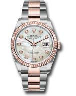  *Pre-Owned* Rolex Steel and Everose Rolesor Datejust 36 Watch - Fluted Bezel - White Mother-Of-Pearl Diamond Dial - Oyster Bracelet