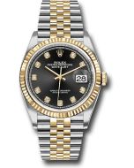  *Pre-Owned* Rolex Steel and Yellow Gold Rolesor Datejust 36 Watch - Fluted Bezel - Black Diamond Dial - Jubilee Bracelet