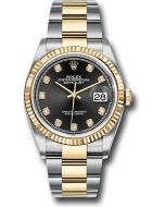  *Pre-Owned* Rolex Steel and Yellow Gold Rolesor Datejust 36 Watch - Fluted Bezel - Black Diamond Dial - Oyster Bracelet