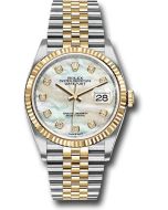  *Pre-Owned* Rolex Steel and Yellow Gold Rolesor Datejust 36 Watch - Fluted Bezel - White Mother-Of-Pearl Diamond Dial - Jubilee Bracelet