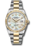  *Pre-Owned* Rolex Steel and Yellow Gold Rolesor Datejust 36 Watch - Fluted Bezel - White Mother-Of-Pearl Diamond Dial - Oyster Bracelet