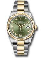 *Pre-Owned* Rolex Steel and Yellow Gold Rolesor Datejust 36 Watch - Fluted Bezel - Olive Green Roman Dial - Oyster Bracelet