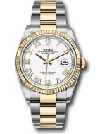  *Pre-Owned* Rolex Steel and Yellow Gold Rolesor Datejust 36 Watch - Fluted Bezel - White Roman Dial - Oyster Bracelet