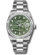 *Pre-Owned* Rolex White Rolesor Datejust 36 Watch - Fluted Bezel - Olive Green Palm Motif Diamond 6 Dial - Oyster Bracelet