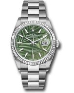 *Pre-Owned* Rolex White Rolesor Datejust 36 Watch - Fluted Bezel - Olive Green Palm Motif Dial - Oyster Bracelet - 2021 Release