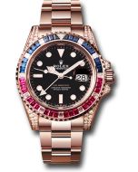  *Pre-Owned* Rolex Everose GMT-Master II 40 Watch - Diamond Lugs - Diamond Sapphire Emerald Bezel - Black Dial - Oyster Bracelet