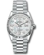 *Pre-Owned* Rolex Platinum Day-Date 36 Watch - Fluted Bezel - White Mother-Of-Pearl Diamond Dial - President Bracelet