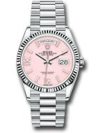  *Pre-Owned* Rolex Platinum Day-Date 36 Watch - Fluted Bezel - Pink Opal Diamond Index Roman 9 Dial - President Bracelet