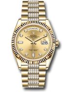   *Pre-Owned* Rolex Yellow Gold Day-Date 36 Watch - Fluted Bezel - Champagne Diamond Dial - Diamond President Bracelet