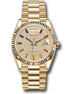  *Pre-Owned* Rolex Yellow Gold Day-Date 36 Watch - Fluted Bezel - Diamond-Paved Rainbow Sapphire Dial - President Bracelet