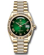 *Pre-Owned* Rolex Yellow Gold Day-Date 36 Watch - Fluted Bezel - Green Ombré Roman Dial - Diamond President Bracelet