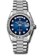 *Pre-Owned* Rolex White Gold Day-Date 36 Watch - Fluted Bezel - Blue Ombré Diamond Dial - Diamond President Bracelet