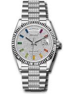  *Pre-Owned* Rolex White Gold Day-Date 36 Watch - Fluted Bezel - Diamond-Paved Dial - Diamond President Bracelet