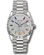 *Pre-Owned* Rolex White Gold Day-Date 36 Watch - Fluted Bezel - Diamond Paved Rainbow Sapphire Dial - President Bracelet