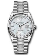  *Pre-Owned* Rolex White Gold Day-Date 36 Watch - Fluted Bezel - White Mother-Of-Pearl Dial - Diamond President Bracelet