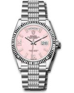  *Pre-Owned* Rolex White Gold Day-Date 36 Watch - Fluted Bezel - Pink Opal Diamond Index Roman 9 Dial - Diamond President Bracelet