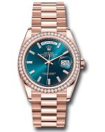 *Pre-Owned* Rolex Everose Gold Day-Date 36 Watch - Diamond Bezel - Blue-Green Dial - President Bracelet