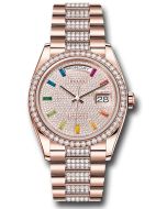  *Pre-Owned* Rolex Everose Gold Day-Date 36 Watch - Diamond Bezel - Diamond-Paved Rainbow Sapphire Dial - Diamond President Bracelet