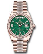 *Pre-Owned* Rolex Everose Gold Day-Date 36 Watch - Diamond Bezel - Green Aventurine Diamond Index Roman 9 Dial - Diamond President Bracelet