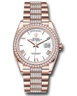  *Pre-Owned* Rolex Everose Gold Day-Date 36 Watch - Diamond Bezel - White Roman Dial - Diamond President Bracelet