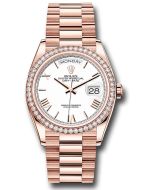 *Pre-Owned* Rolex Everose Gold Day-Date 36 Watch - Diamond Bezel - White Roman Dial - President Bracelet