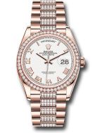  *Pre-Owned* Rolex Everose Gold Day-Date 36 Watch - Diamond Bezel - White Roman Dial - Diamond President Bracelet