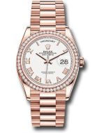  *Pre-Owned* Rolex Everose Gold Day-Date 36 Watch - Diamond Bezel - White Roman Dial - President Bracelet