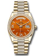 *Pre-Owned* Rolex Yellow Gold Day-Date 36 Watch - Diamond Bezel - Carnelian Diamond Index Roman 9 Dial - Diamond President Bracelet