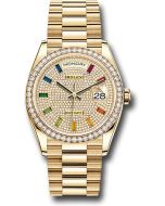  *Pre-Owned* Rolex Yellow Gold Day-Date 36 Watch - Diamond Bezel - Diamond-Paved Rainbow Sapphire Dial - President Bracelet