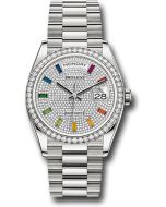 *Pre-Owned* Rolex White Gold Day-Date 36 Watch - Diamond Bezel - Diamond Paved Rainbow Sapphire Dial - President Bracelet