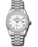 *Pre-Owned* Rolex White Gold Day-Date 36 Watch - Diamond Bezel - White Roman Dial - Diamond President Bracelet