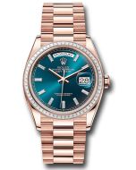 *Pre-Owned* Rolex Everose Gold Day-Date 36 Watch - Diamond Bezel - Blue-Green Dial - President Bracelet