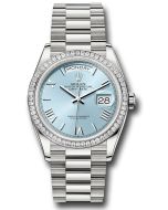 *Pre-Owned* Rolex Platinum Day-Date 36 Watch - Diamond Bezel - Ice Blue Roman Dial - President Bracelet