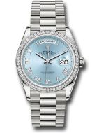*Pre-Owned* Rolex Platinum Day-Date 36 Watch - Diamond Bezel - Ice Blue Roman Dial - President Bracelet