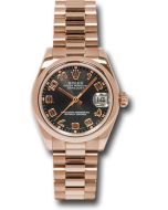 *Pre-Owned* Rolex Pink Gold Datejust 31 Watch - Domed Bezel - Black Arabic Dial - President Bracelet