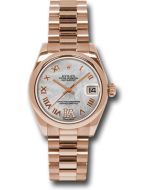 *Pre-Owned* Rolex Pink Gold Datejust 31 Watch - Domed Bezel - Mother-Of-Pearl Diamond Roman Vi Roman Dial - President Bracelet