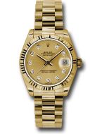  *Pre-Owned* Rolex Yellow Gold Datejust 31 Watch - Fluted Bezel - Champagne Diamond Dial - President Bracelet