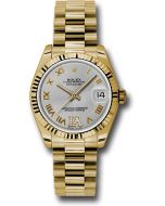 *Pre-Owned* Rolex Yellow Gold Datejust 31 Watch - Fluted Bezel - Silver Diamond Roman Vi Roman Dial - President Bracelet